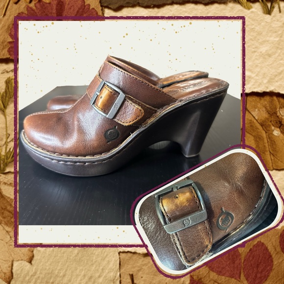 Born Brown Leather Wedge Clogs Size 6 / 36.5 | Handcrafted Buckle Mule Heels - Picture 6 of 7